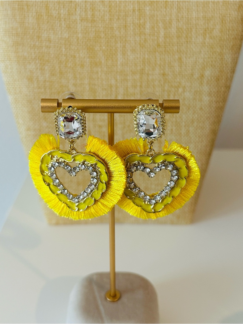 Fashion Jewelry Yellow Heart Fringe Earrings with Crystal Accents